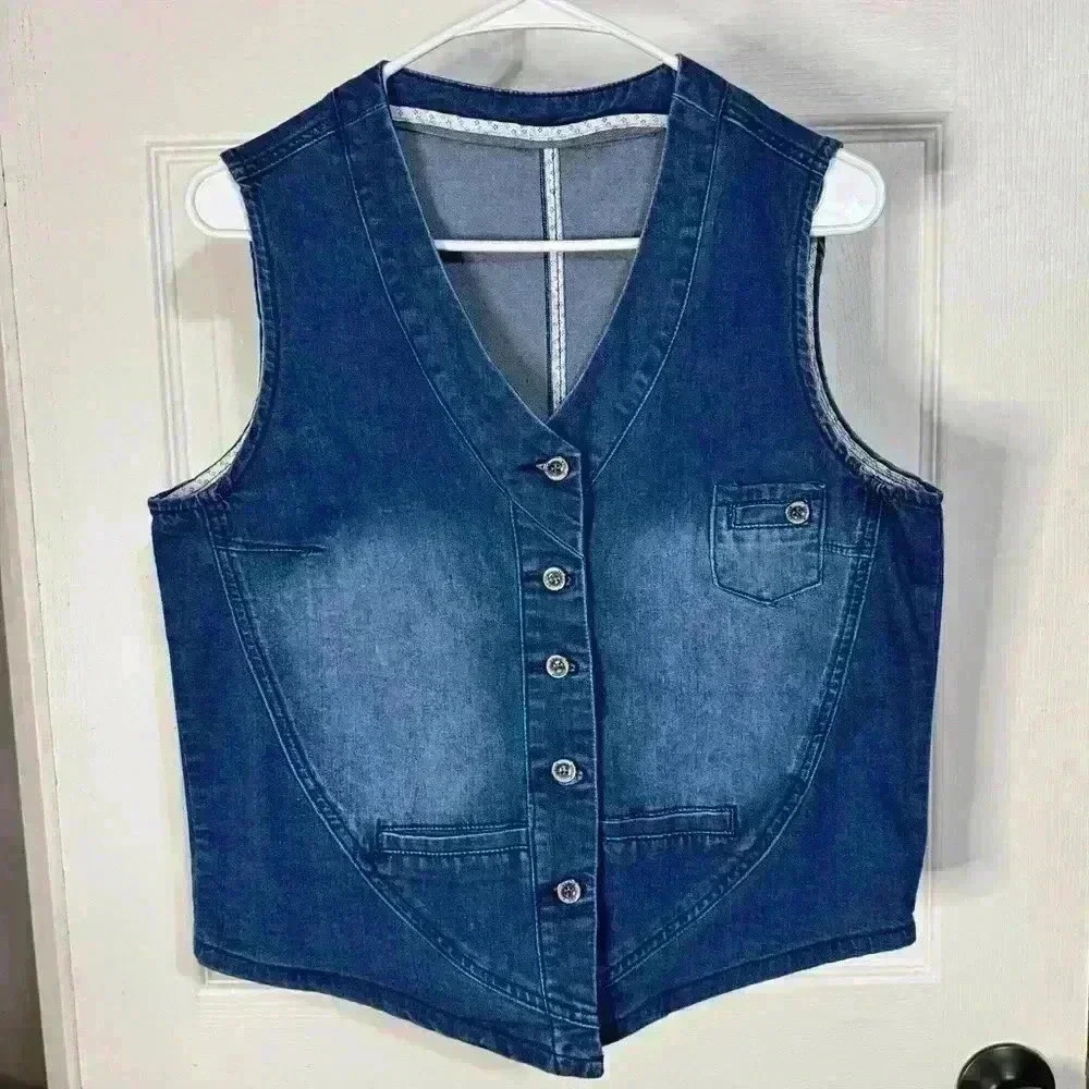 Women’s Denim Vogue Vest Detailed Styling Pockets Branded Buttons Street Style